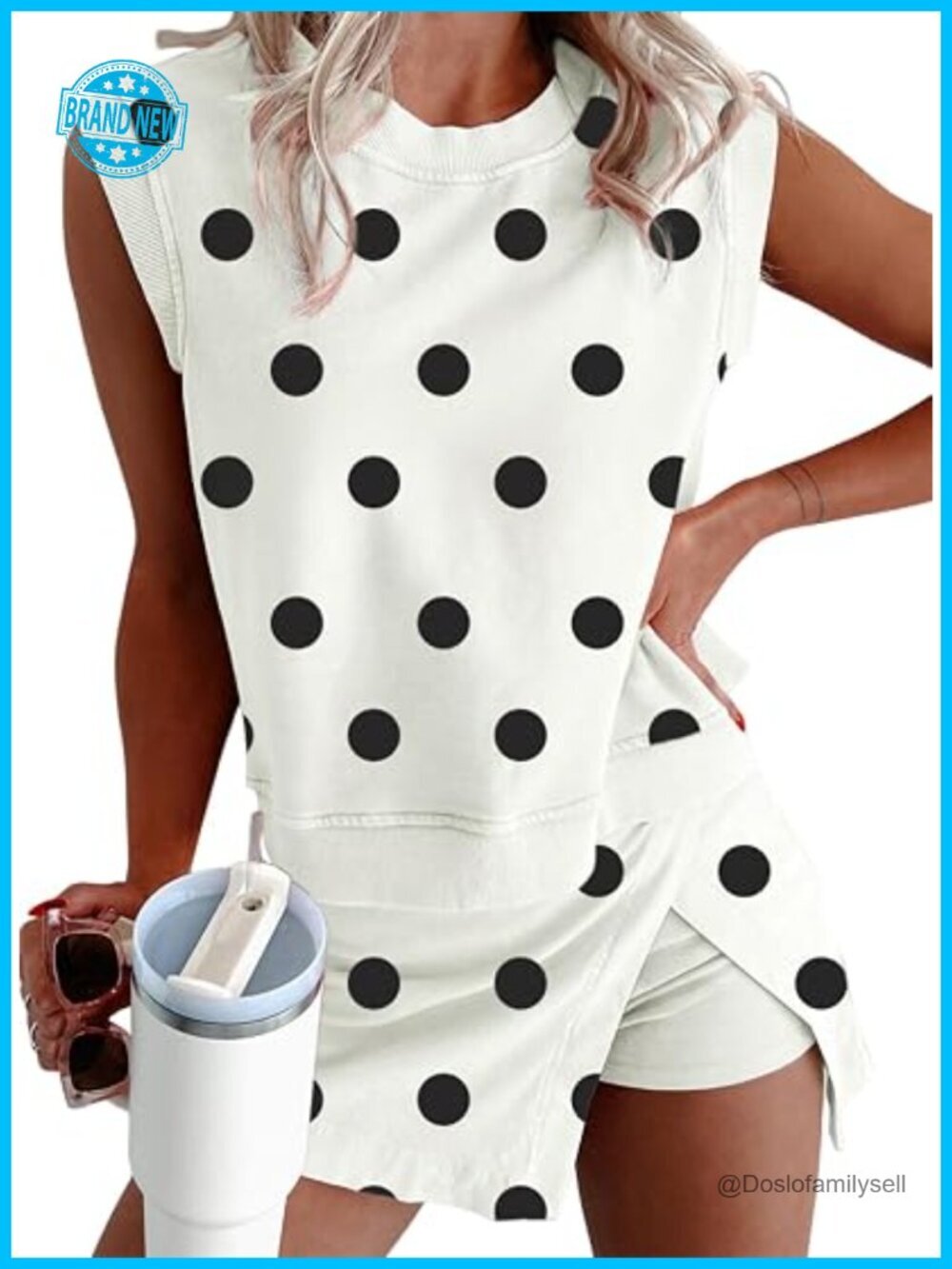 Womens Lounge Sets Ribbed Trim Polka Dot Print Tank Mini Skort 2pcs Set